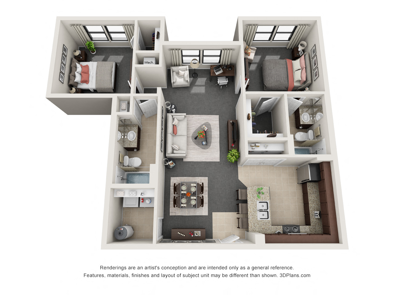 Floor plan for 2 beds, 2 baths, 1017 sqft